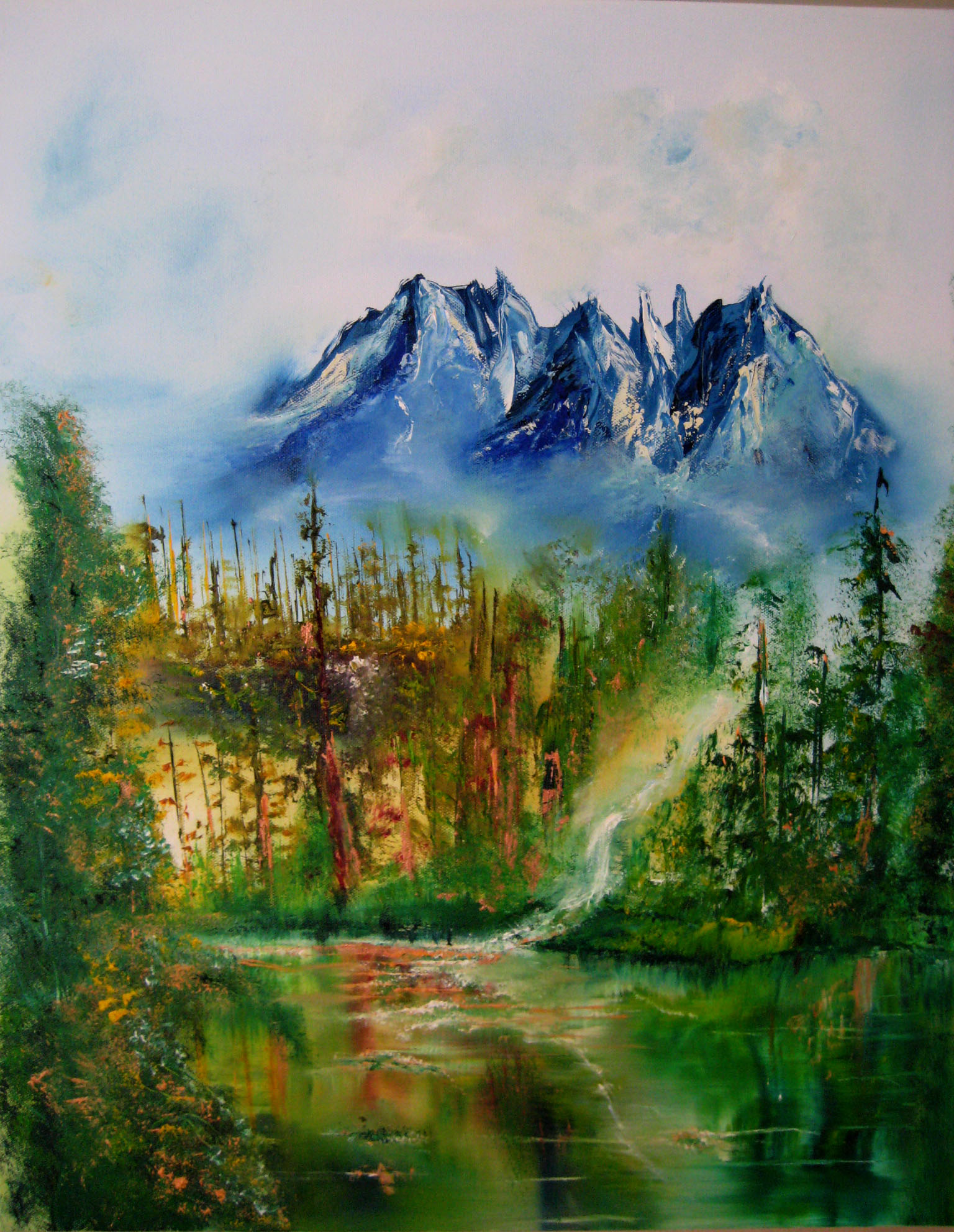 Mountainlake, olipainting, nature, lake, fall, green, waterfall, artist, aiva,jacqueline Ostrowski-bauityfulll-artist-trees-oliemaleri-smuk-kunst-billedkunstner
