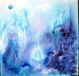 Purple, blue clolours-pyramides-fantasy-oilpainting, spiritual art-artist with style-more dimensions in rocks-jacqueline.ostrowski-oliemaleri-lilla-turkise farver-spirituel univers i flere dimensioner-spirituelart.dk-aiva