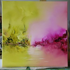Olie på lærred pink og grøn