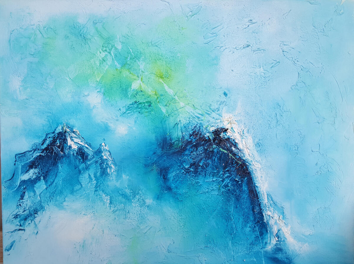 Mountain, oliemaleri med struktur-aiva-spirituelart-jacqueline.ostrowski-abstrakt-blå farver-blue colours-abstract