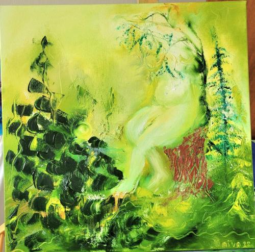 lady in forrest-jacqueline-aiva-grøn-greenlady-kunst-artist-maleri-oliemaleri